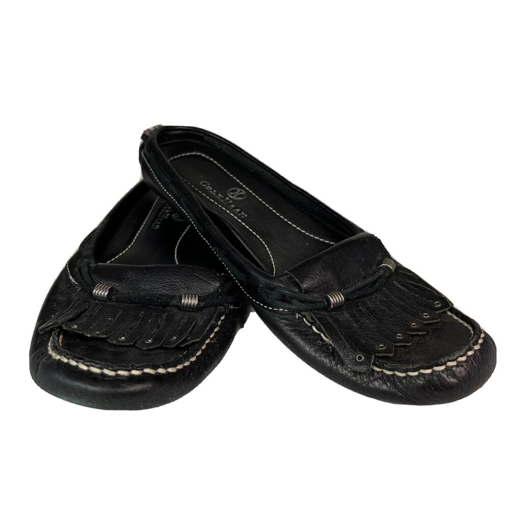 Cole Haan Feathered Moc-Toe Mule Slip-On Black Leather Flats, 6B